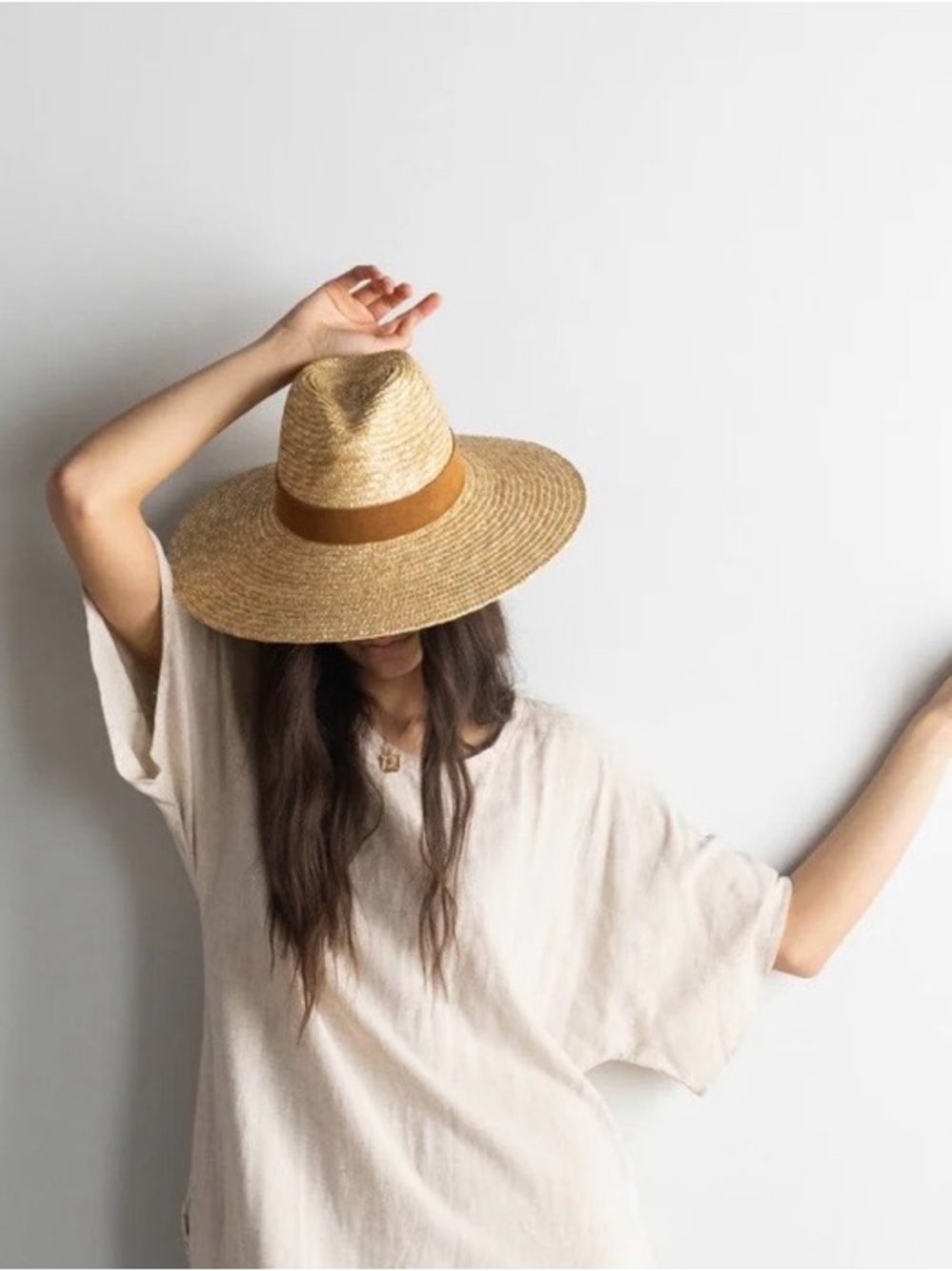 GIGI PIP Isla Natural Straw Wide-Brim Fedora with Brown Band NWOT